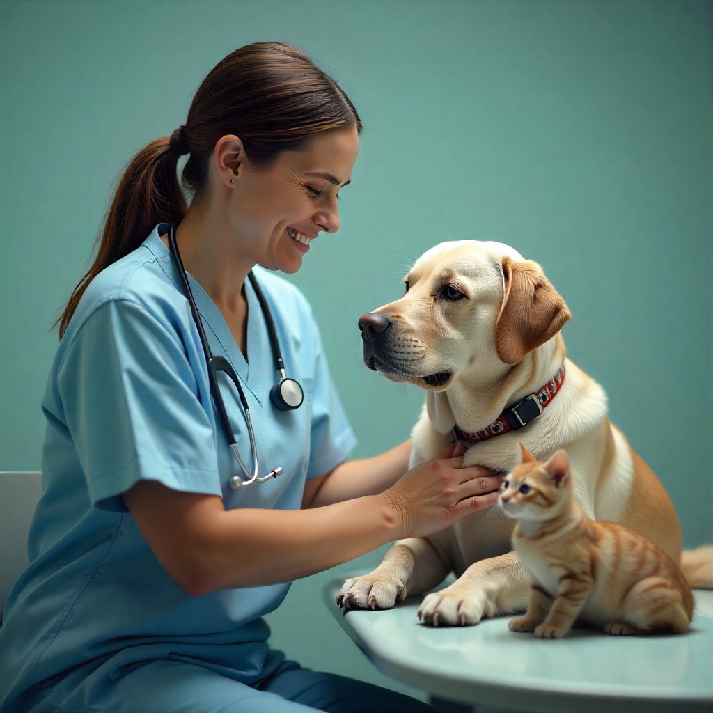 Veterinária sorridente com cachorro e gato